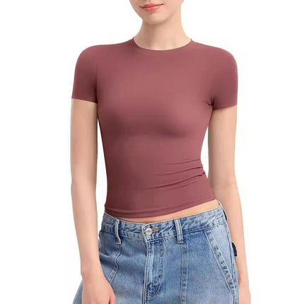 Womens Crewneck Short Sleeve T-Shirt Slim Fit Tops Solid Basic Tee