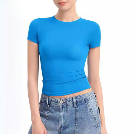 Womens Crewneck Short Sleeve T-Shirt Slim Fit Tops Solid Basic Tee