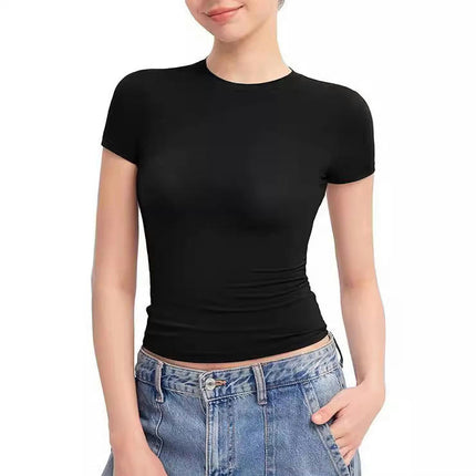 Womens Crewneck Short Sleeve T-Shirt Slim Fit Tops Solid Basic Tee