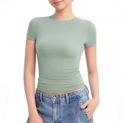 Womens Crewneck Short Sleeve T-Shirt Slim Fit Tops Solid Basic Tee