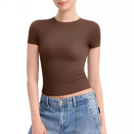 Womens Crewneck Short Sleeve T-Shirt Slim Fit Tops Solid Basic Tee