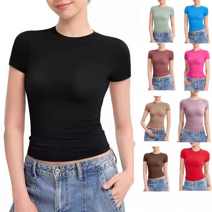 Womens Crewneck Short Sleeve T-Shirt Slim Fit Tops Solid Basic Tee