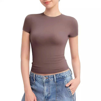 Womens Crewneck Short Sleeve T-Shirt Slim Fit Tops Solid Basic Tee