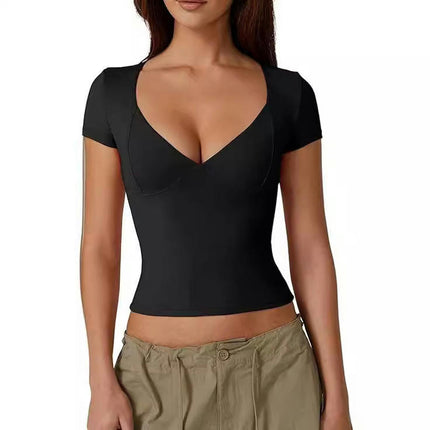 Women Sexy Shirts Deep V Neck Short Sleeve Crop Tops T-Shirt Slim Fit Tees