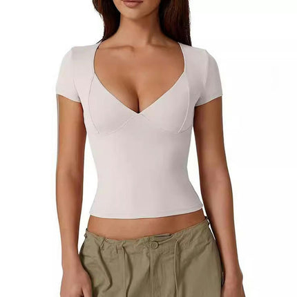 Women Sexy Shirts Deep V Neck Short Sleeve Crop Tops T-Shirt Slim Fit Tees