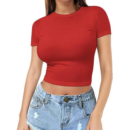 Womens T Shirts Crew Neck Short Sleeve Shirts Crop Tops Casual Slim Fit Basic Tee