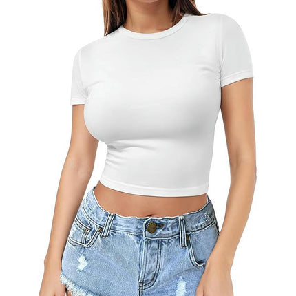 Womens T Shirts Crew Neck Short Sleeve Shirts Crop Tops Casual Slim Fit Basic Tee