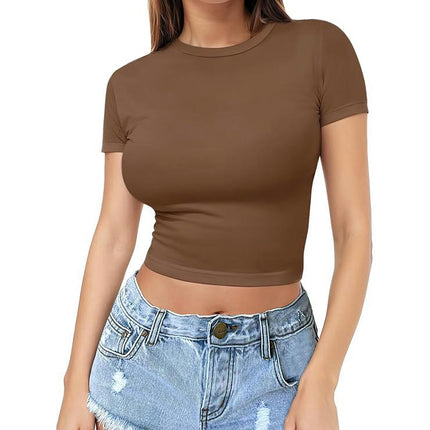 Womens T Shirts Crew Neck Short Sleeve Shirts Crop Tops Casual Slim Fit Basic Tee