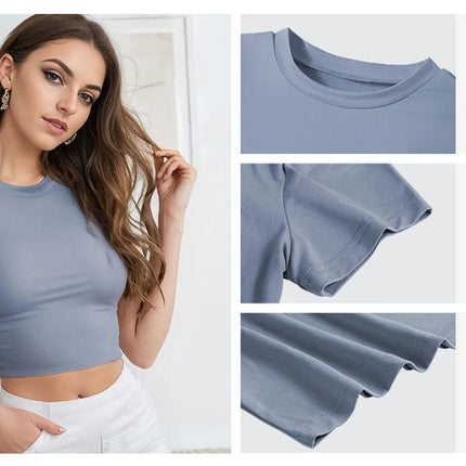 Womens T Shirts Crew Neck Short Sleeve Shirts Crop Tops Casual Slim Fit Basic Tee