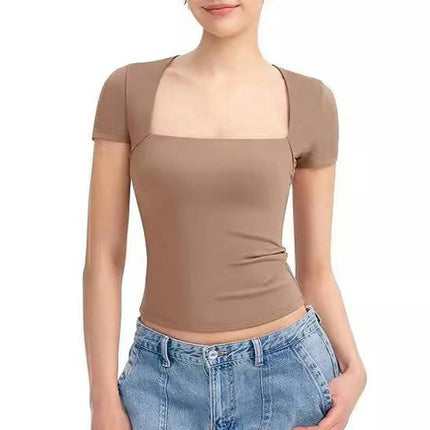 Womens Square Neck Short Sleeve Shirts Crop Tops Casual Slim Fit Basic Tee