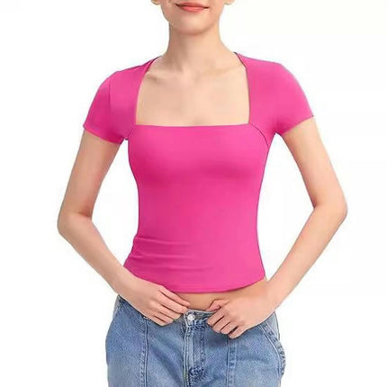 Womens Square Neck Short Sleeve Shirts Crop Tops Casual Slim Fit Basic Tee