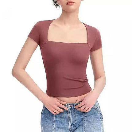 Womens Square Neck Short Sleeve Shirts Crop Tops Casual Slim Fit Basic Tee