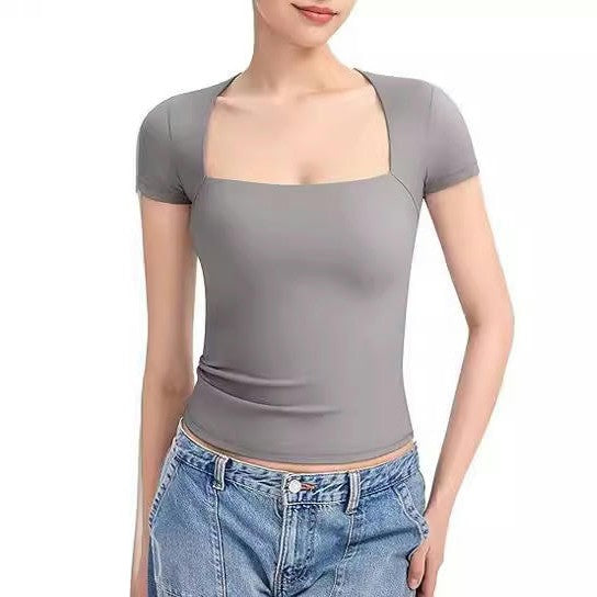 Womens Square Neck Short Sleeve Shirts Crop Tops Casual Slim Fit Basic Tee