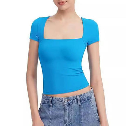 Womens Square Neck Short Sleeve Shirts Crop Tops Casual Slim Fit Basic Tee