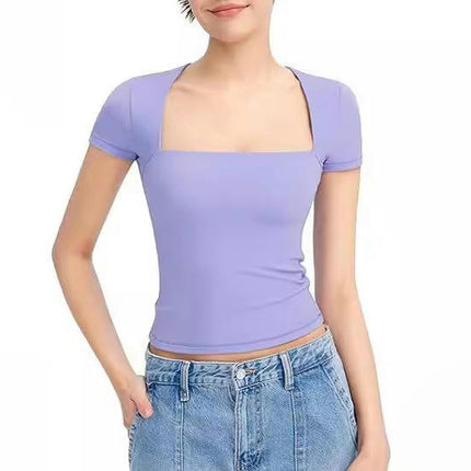 Womens Square Neck Short Sleeve Shirts Crop Tops Casual Slim Fit Basic Tee