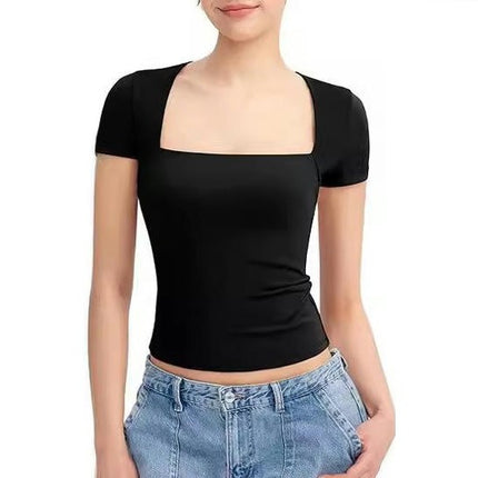 Womens Square Neck Short Sleeve Shirts Crop Tops Casual Slim Fit Basic Tee