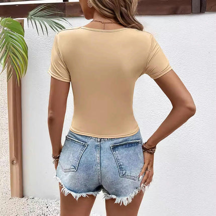 Womens Square Neck Short Sleeve Shirts Crop Tops Casual Slim Fit Basic Tee