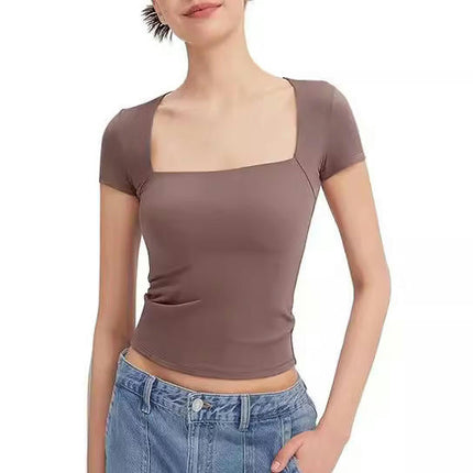 Womens Square Neck Short Sleeve Shirts Crop Tops Casual Slim Fit Basic Tee