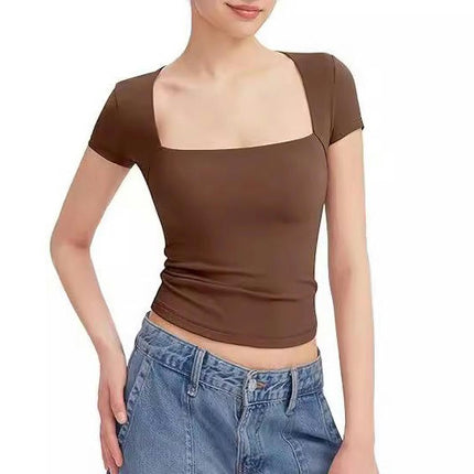 Womens Square Neck Short Sleeve Shirts Crop Tops Casual Slim Fit Basic Tee