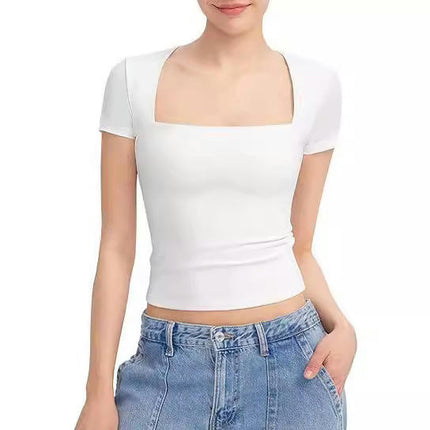 Womens Square Neck Short Sleeve Shirts Crop Tops Casual Slim Fit Basic Tee