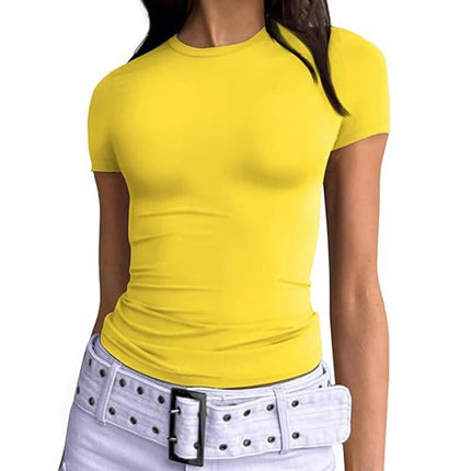 Womens Basic T-Shirts Scoop Neck Short Sleeve Crop Tops Summer Slim Fit Tees