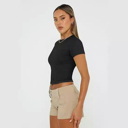 Womens Basic T-Shirts Scoop Neck Short Sleeve Crop Tops Summer Slim Fit Tees