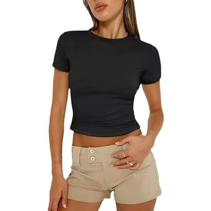 Womens Basic T-Shirts Scoop Neck Short Sleeve Crop Tops Summer Slim Fit Tees