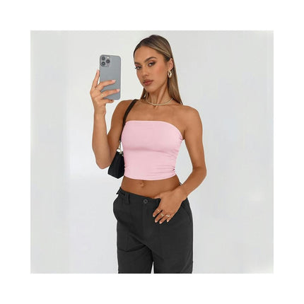 Women's Casual Strapless Crop Tube Top Summer Skinny Bandeau Top