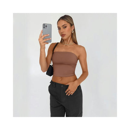 Women's Casual Strapless Crop Tube Top Summer Skinny Bandeau Top