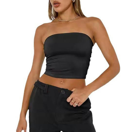 Women's Casual Strapless Crop Tube Top Summer Skinny Bandeau Top