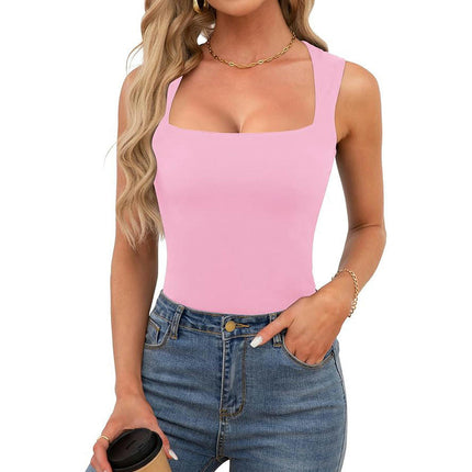 Women Sleeveless Square Neck Crop Tank Tops Summer Slim Fit Basic Cami Top