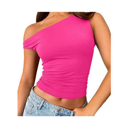 Women Sleeveless Off Shoulder Crop Top Slim Fit One Shoulder Ruched Crop Tank Tops