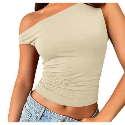 Women Sleeveless Off Shoulder Crop Top Slim Fit One Shoulder Ruched Crop Tank Tops