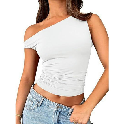 Women Sleeveless Off Shoulder Crop Top Slim Fit One Shoulder Ruched Crop Tank Tops