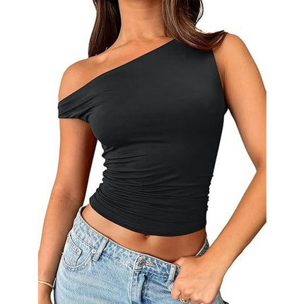 Women Sleeveless Off Shoulder Crop Top Slim Fit One Shoulder Ruched Crop Tank Tops