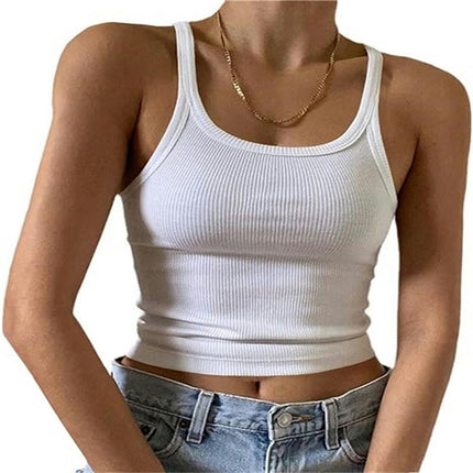 Women's Scoop Neck Crop Tank Top Spaghetti Straps Sleeveless Slim Fit Tops