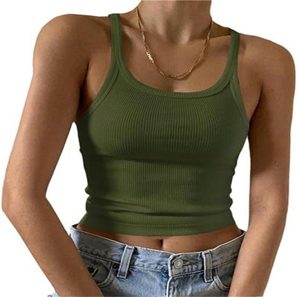 Women's Scoop Neck Crop Tank Top Spaghetti Straps Sleeveless Slim Fit Tops