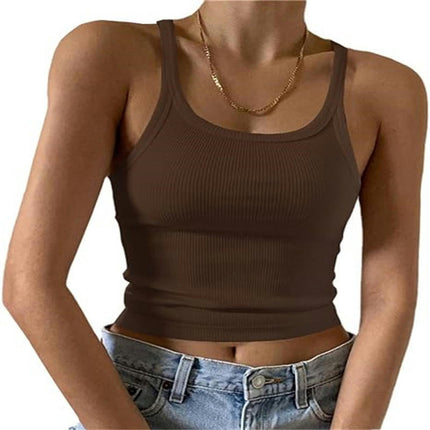 Women's Scoop Neck Crop Tank Top Spaghetti Straps Sleeveless Slim Fit Tops