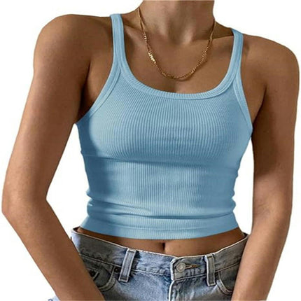 Women's Scoop Neck Crop Tank Top Spaghetti Straps Sleeveless Slim Fit Tops