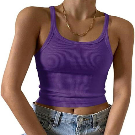 Women's Scoop Neck Crop Tank Top Spaghetti Straps Sleeveless Slim Fit Tops