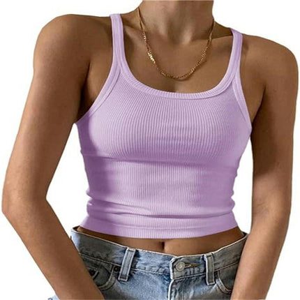 Women's Scoop Neck Crop Tank Top Spaghetti Straps Sleeveless Slim Fit Tops