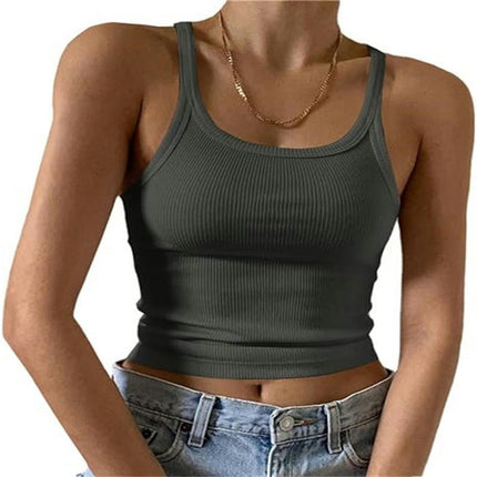 Women's Scoop Neck Crop Tank Top Spaghetti Straps Sleeveless Slim Fit Tops