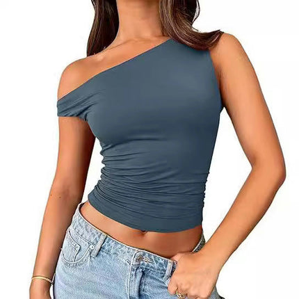 Off The Shoulder Tops for Women Sleeveless Asymmetrical Slim Fit Ruched Crop Tank Tops