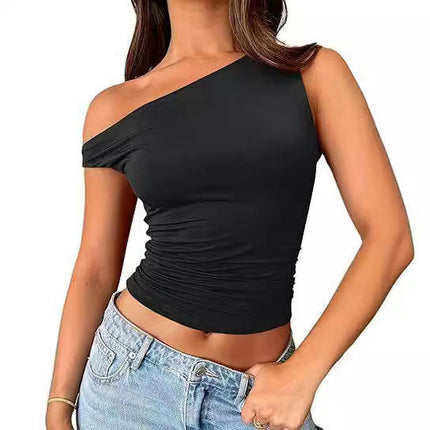 Off The Shoulder Tops for Women Sleeveless Asymmetrical Slim Fit Ruched Crop Tank Tops