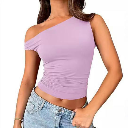 Off The Shoulder Tops for Women Sleeveless Asymmetrical Slim Fit Ruched Crop Tank Tops