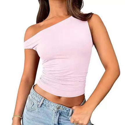 Off The Shoulder Tops for Women Sleeveless Asymmetrical Slim Fit Ruched Crop Tank Tops