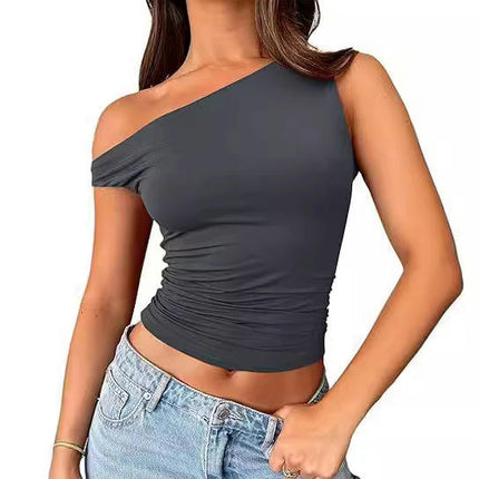 Off The Shoulder Tops for Women Sleeveless Asymmetrical Slim Fit Ruched Crop Tank Tops