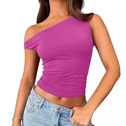 Off The Shoulder Tops for Women Sleeveless Asymmetrical Slim Fit Ruched Crop Tank Tops