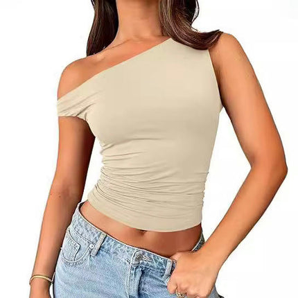 Off The Shoulder Tops for Women Sleeveless Asymmetrical Slim Fit Ruched Crop Tank Tops