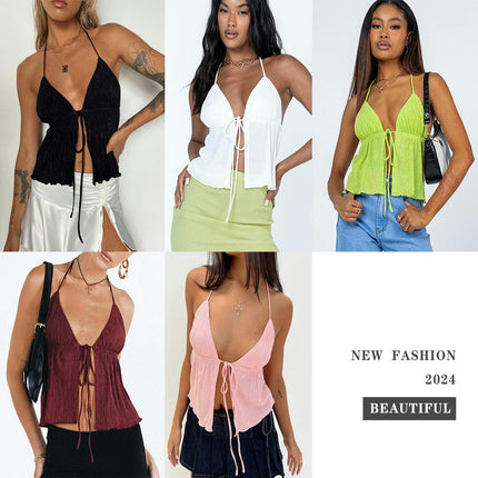 Women's Sexy Spaghetti Strap Tank Top Tie Split Front Tank Backless Crop Tops